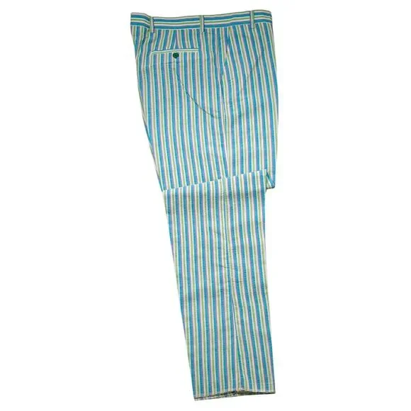 Mens 34 Chino Pants Blue Green Seersucker Stripe Flat Front Straight Trousers